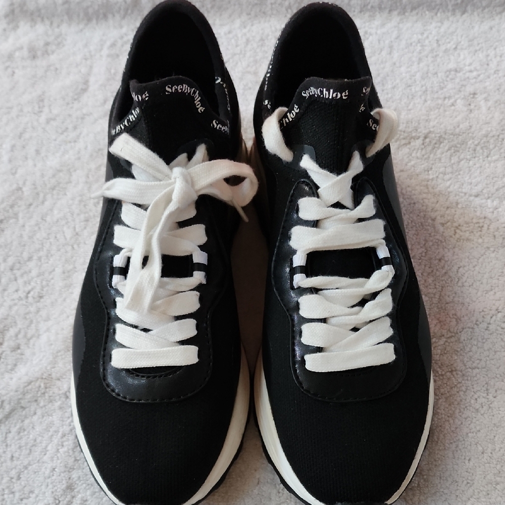 See By Chloe Women'a Black White Athletic Sneakers Size 10 Preowned